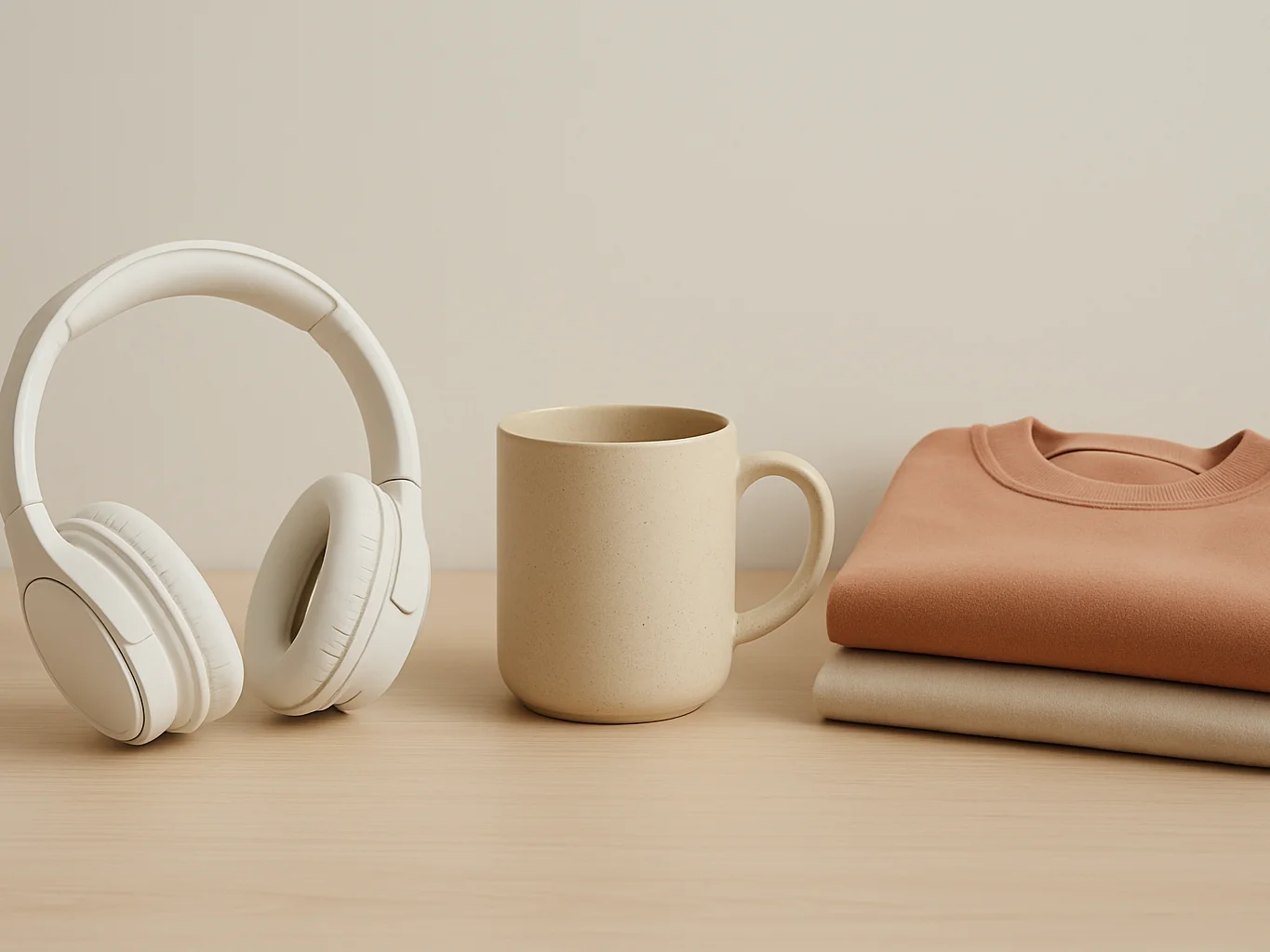 Clean editorial retail photography of a neutral desk with a pair
